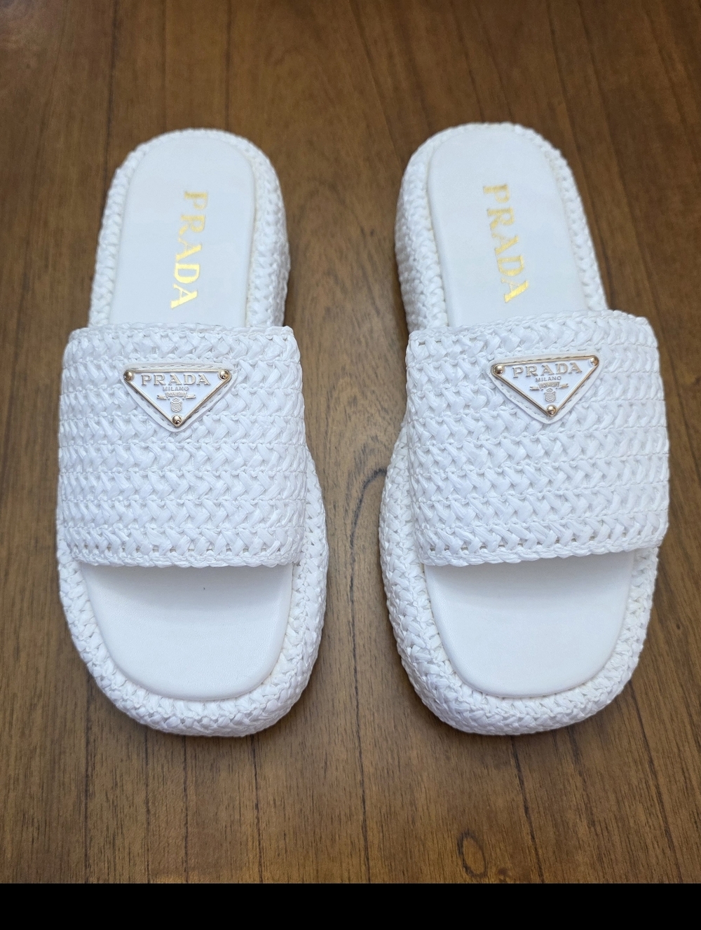 Prada White  Woven Slide Sandals  (New) - Picture 2 of 9